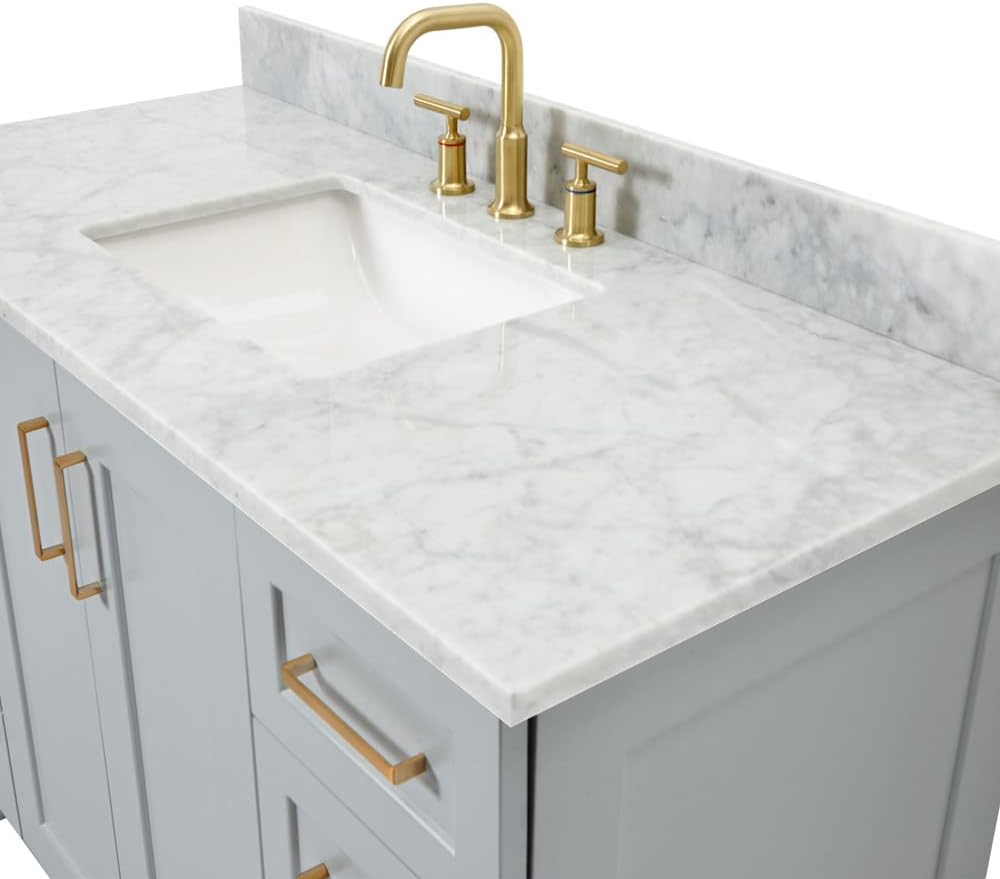 ARIEL Taylor 48-inch Bathroom Vanity with Sink,Solid Wood, 0.75-inch Italian Carrara Marble Countertop, Single Rectangular Porcelain Sink, Soft Closing Doors, Dovetail Drawers, Grey