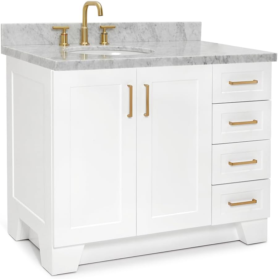 ARIEL Taylor 42-inch Bathroom Vanity with Sink,Solid Wood, 1.5-inch Italian Carrara Marble Countertop & Backsplash, Single Oval Porcelain Sink, 2 Soft Closing Doors, 5 Dovetail Drawers, White