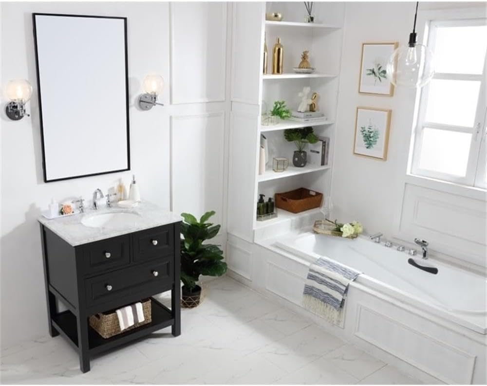 Pemberly Row 30' Single Bathroom Vanity, Marble Top, Black Finish, Solid Poplar Wood Base, White Porcelain Undermount Sink, Soft Close Drawer, Open Shelf, Contemporary Design for Modern Bathrooms