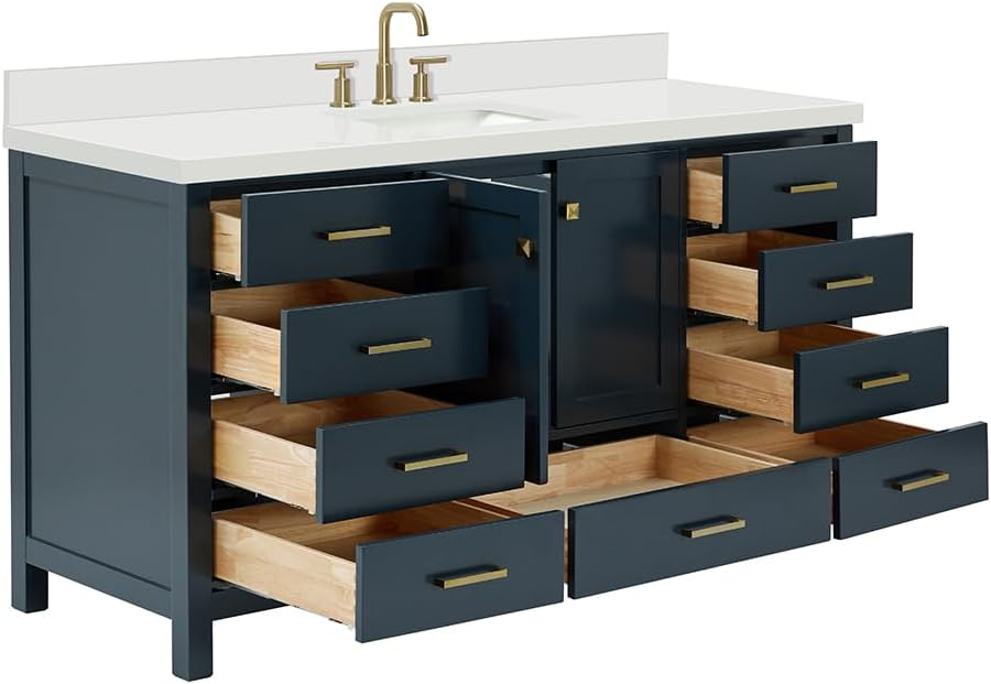 ARIEL Cambridge 66-inch Bathroom Vanity with Sink,Solid Wood, 1.5-inch Pure White Quartz Countertop, Single Rectangular Porcelain Sink, 2 Soft Closing Doors, 9 Dovetail Drawers, Midnight Blue