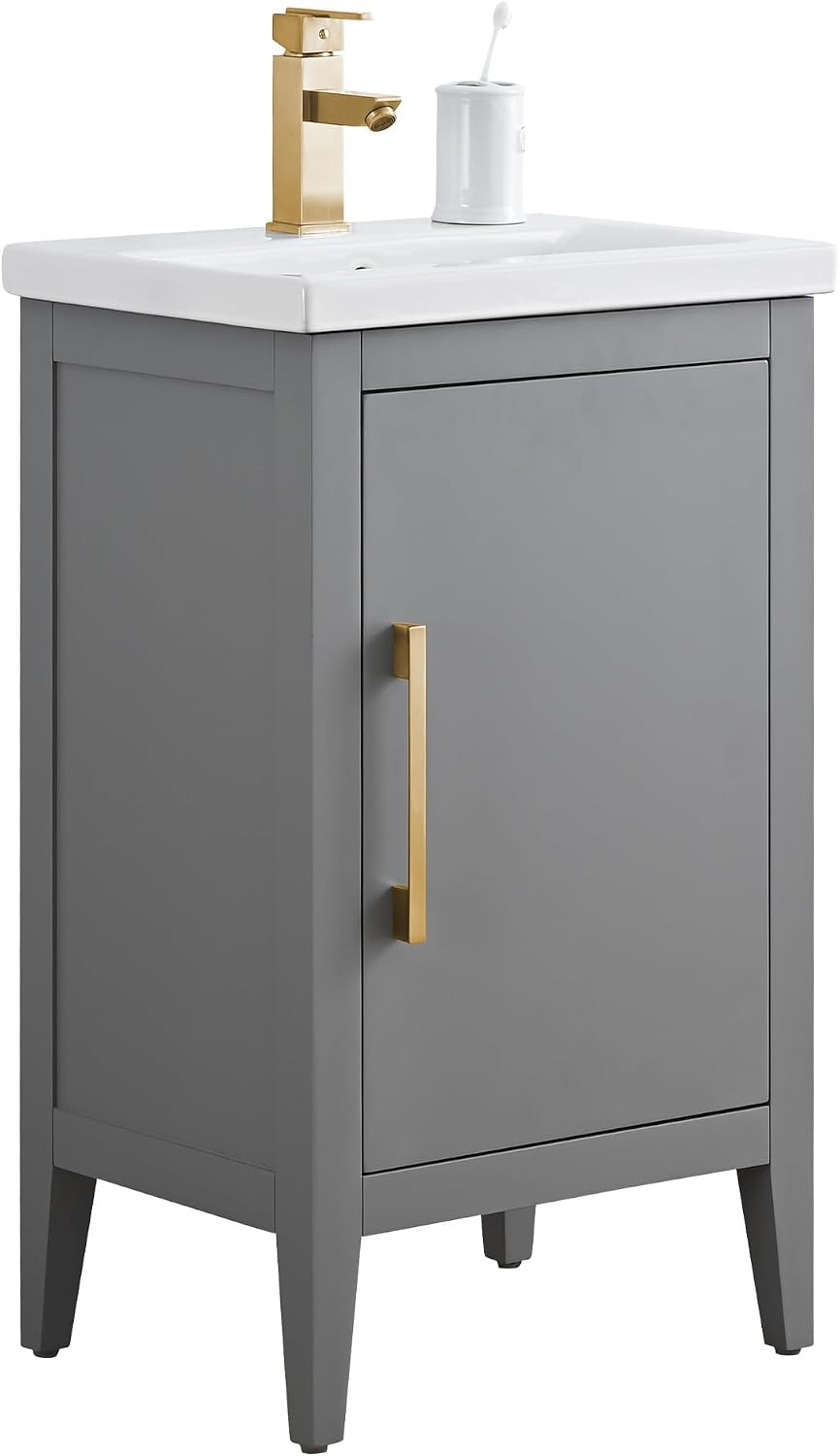 HOMEBEYOND 20 Inch Bathroom Vanities with Sink & Ceramic Top, Single Vanity Cabinet with Basin, Solid Wood Frame, Soft-Closing Doors & Golden Brushed Hardware, Grey