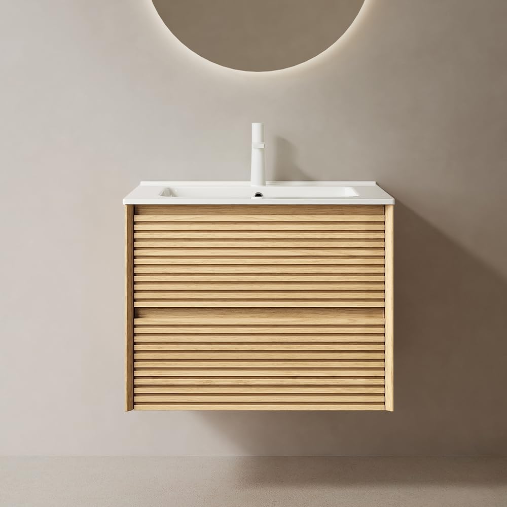 24' Floating Bathroom Vanity with Sink, Wall Mounted Modern Bathroom Cabinet with 2 Soft Close Drawers, Oak & Plywood, Pre-Assembled with Integrated Ceramic Basin – Sedona, Light Oak
