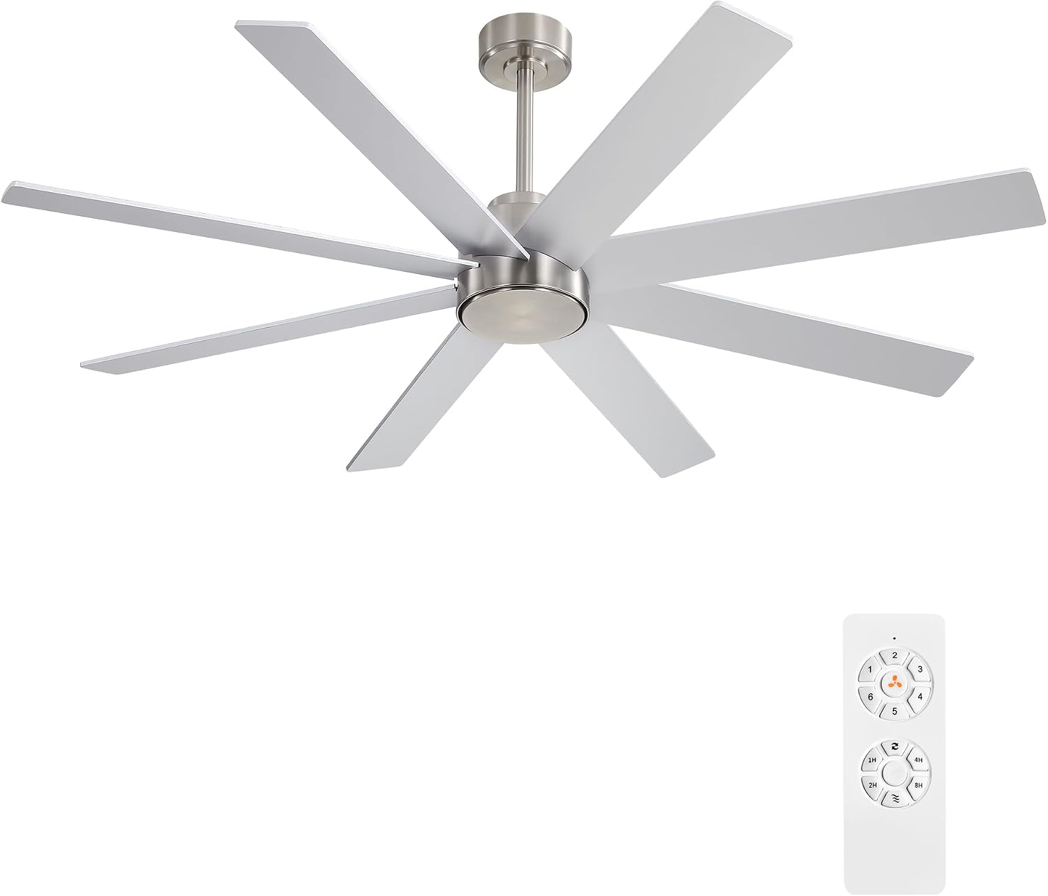 WINGBO 60' Large DC Ceiling Fans without Lights, 3 Downrods, 8 Plywood Blades, 6-Speeds Reversible DC Motor, Indoor Ceiling Fan No Lights for Bedroom Living Room Patio, Brushed Nickel and Silver