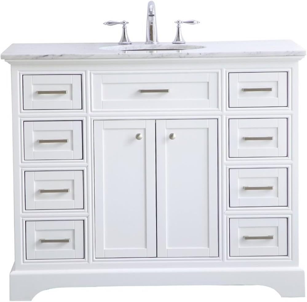 Pemberly Row Contemporary 42' Single Bathroom Vanity, Italian Carrara Marble Top, White Finish, Solid Wood and MDF Base, Porcelain Undermount Sink, Soft Close Drawers, Freestanding Vanity for