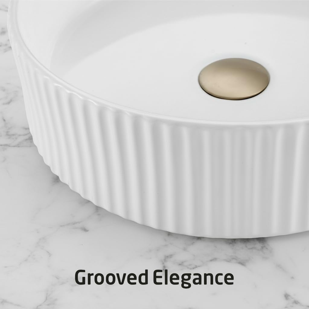 KES White Round Vessel Sink with Fluted Texture, 16 Inch Ceramic Bathroom Sink Above Counter, Small Porcelain Bowl Sink for RV Lavatory Vanity Countertop, BVSC129