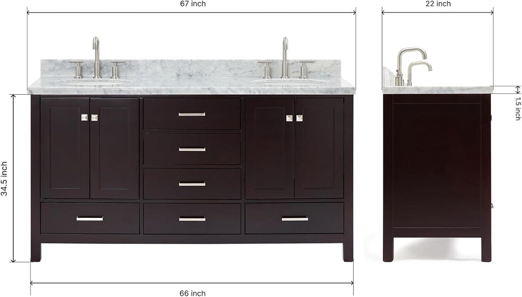 ARIEL Cambridge 66-inch Bathroom Vanity with Sink,Solid Wood, 1.5-inch Italian Carrara Marble Countertop & Backsplash, Double Oval Porcelain Sink, 4 Soft Closing Doors, 6 Dovetail Drawers, Espresso