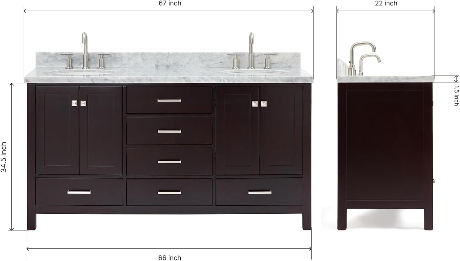 ARIEL Cambridge 66-inch Bathroom Vanity with Sink,Solid Wood, 1.5-inch Italian Carrara Marble Countertop & Backsplash, Double Oval Porcelain Sink, 4 Soft Closing Doors, 6 Dovetail Drawers, Espresso