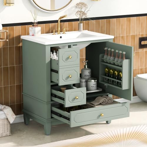 Bellemave 30' Bathroom Vanity with Ceramic Sink & 3 Drawers, Bathroom Cabinet with Storage Shelves & Solid Wood Base, Freestanding Vanity Cabinet with Soft-Close Door with Organizer (Light Green/30)