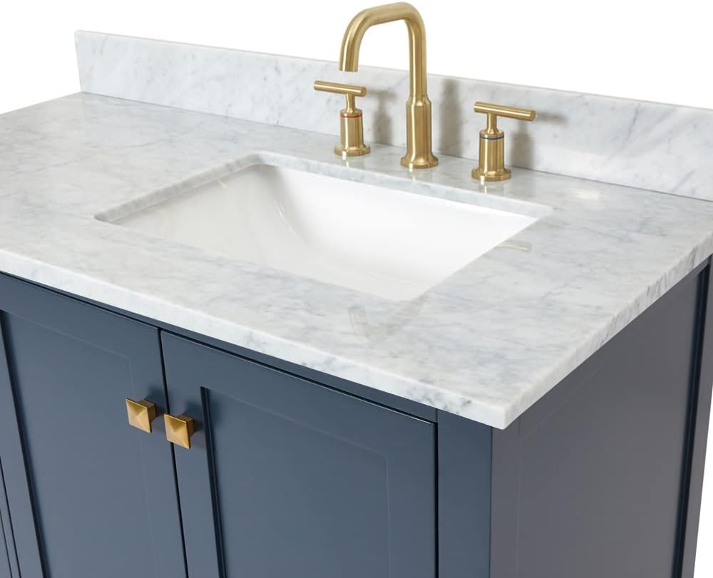 ARIEL Cambridge 43 in. Right Offset Rectangle Single Sink Vanity with Carrara White Marble Countertop in Midnight Blue