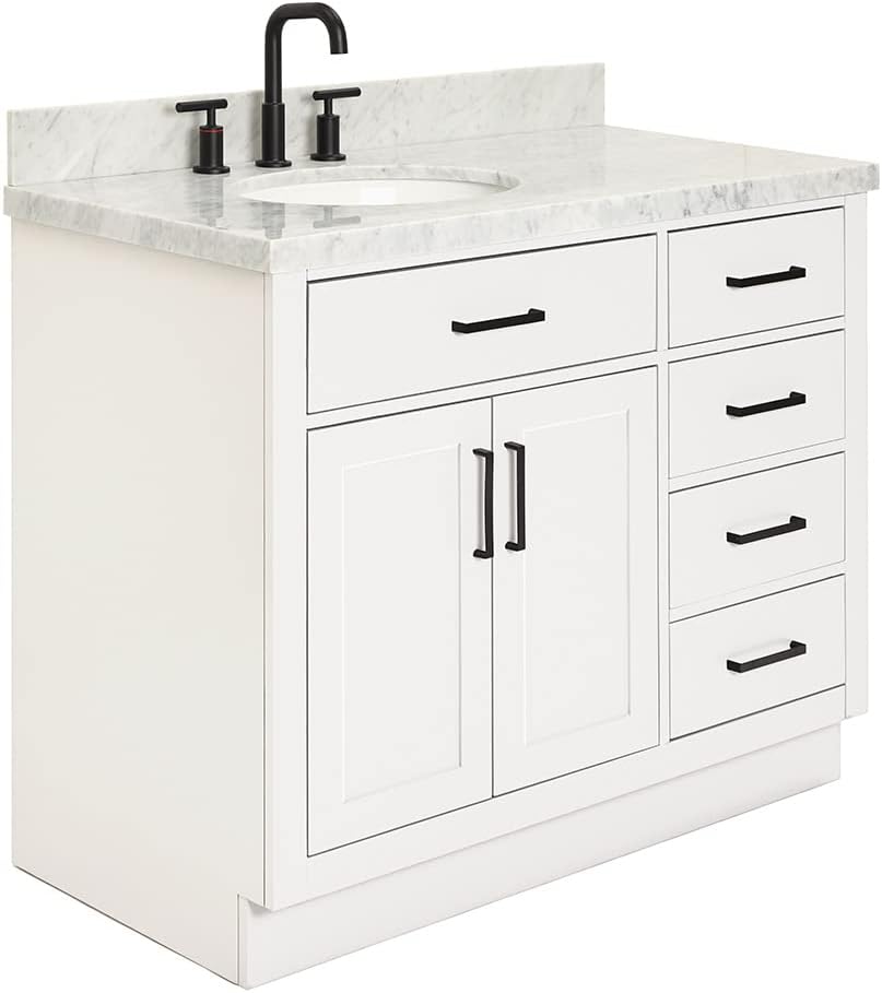 ARIEL Hepburn 43' Inch Left Offset Oval Sink Vanity with 1.5' Edge Carrara White Countertop in White