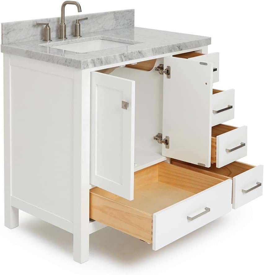 ARIEL Cambridge 36-inch Bathroom Vanity with Sink,Solid Wood, 1.5-inch Italian Carrara Marble Countertop, Single Rectangular Porcelain Sink, 2 Soft Closing Doors, 5 Dovetail Drawers, White