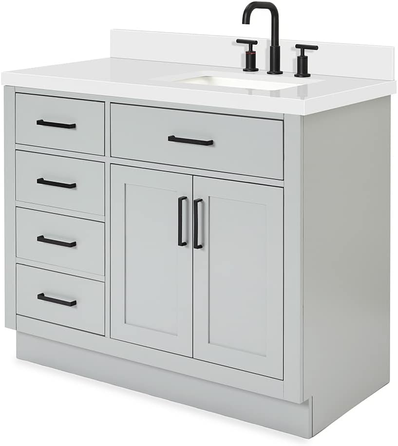 DKB Isabella 42-Inch Gray Single Bathroom Vanity with Sink, 1.5' Pure White Quartz Countertop, Right Rectangular Undermount Sink, Solid Wood Frame, 2 Soft-Close Doors, 5 Dovetail Drawers, Toe Kick