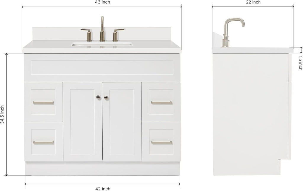 ARIEL Hamlet 42-inch Bathroom Vanity with Sink,Solid Wood, 1.5-inch Pure White Quartz Countertop & Backsplash, Single Oval Sink, 2 Soft Closing Doors, 4 Dovetail Drawers, White
