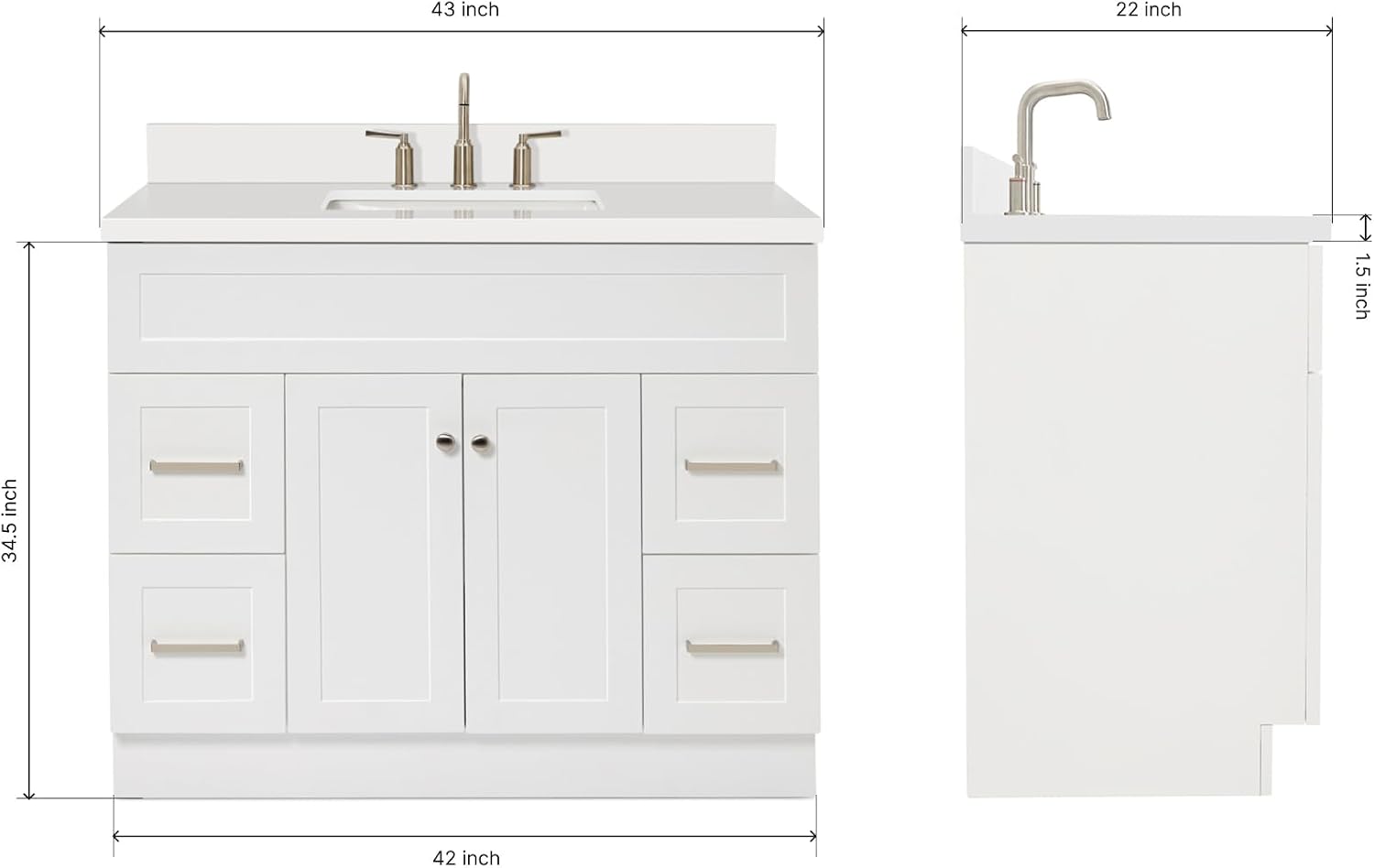 ARIEL Hamlet 42-inch Bathroom Vanity with Sink,Solid Wood, 1.5-inch Pure White Quartz Countertop & Backsplash, Single Oval Sink, 2 Soft Closing Doors, 4 Dovetail Drawers, White