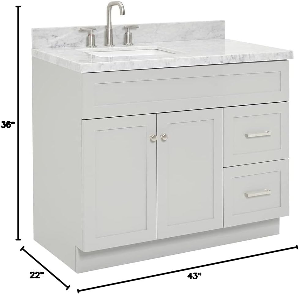 ARIEL 36-Inch Grey Bathroom Vanity with Sink, Solid Wood Base, 1.5-Inch Edge Italian Carrara Marble Top, Left Rectangular Sink, 2 Soft-Close Doors, 5 Drawers