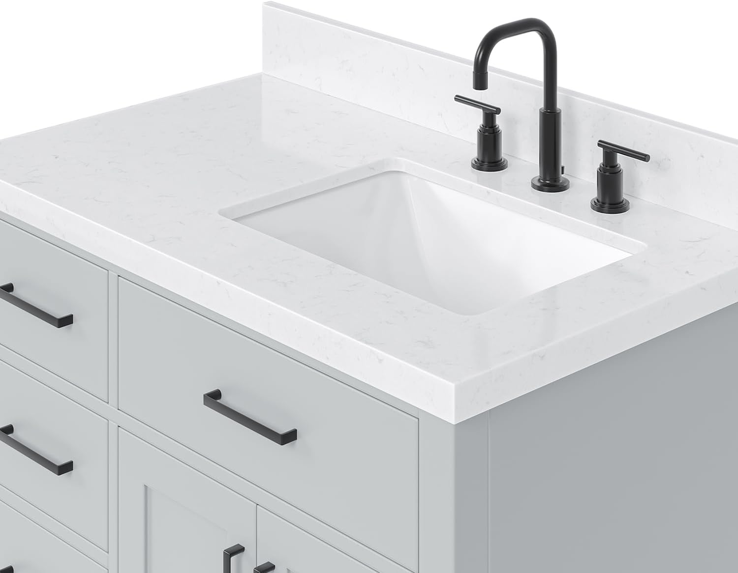 ARIEL Hepburn 36-inch Bathroom Vanity with Sink,Solid Wood, 1.5-inch Carrara White Quartz Countertop & Backsplash, Single Rectangular Porcelain Sink, 2 Soft Closing Doors, 5 Dovetail Drawers, Grey