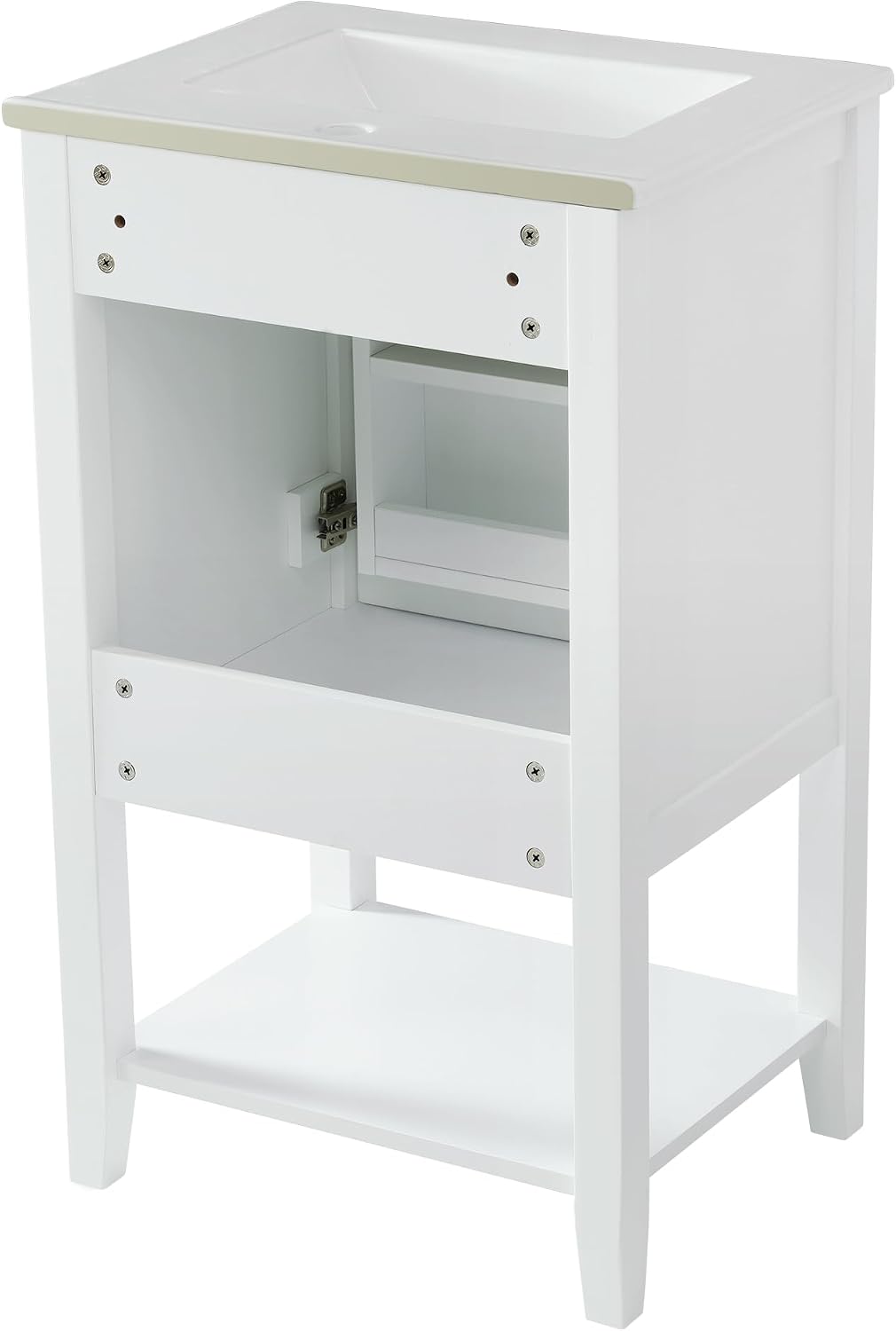 Bathroom Vanity with Sink 20 Inch, Cabinet with Two-Tier Door Shelf Rack & Open Storage, Solid Wood Legs, White