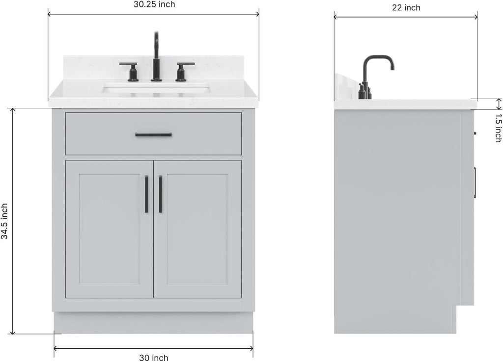 ARIEL Hepburn 30-inch Bathroom Vanity with Sink,Solid Wood, 1.5-inch Carrara White Quartz Countertop & Backsplash, Single Rectangular Porcelain Sink, 2 Soft Closing Doors, 1 Dovetail Drawers, Grey