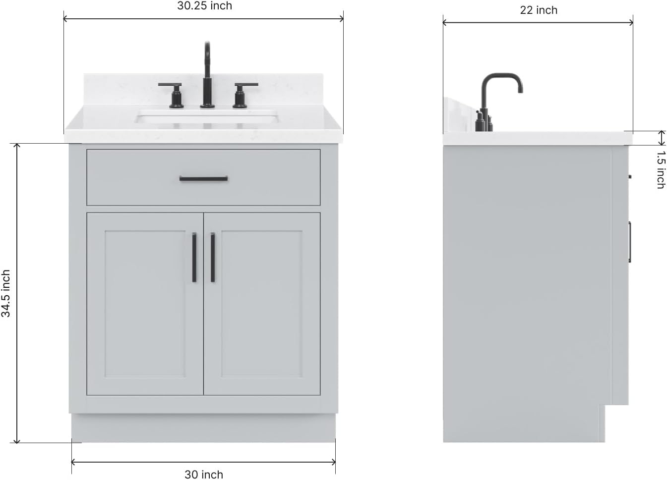 ARIEL Hepburn 30-inch Bathroom Vanity with Sink,Solid Wood, 1.5-inch Carrara White Quartz Countertop & Backsplash, Single Rectangular Porcelain Sink, 2 Soft Closing Doors, 1 Dovetail Drawers, Grey