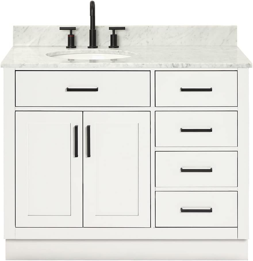 ARIEL Hepburn 43' Inch Left Offset Oval Sink Vanity with 0.75 Inch Edge Carrara White Countertop in White