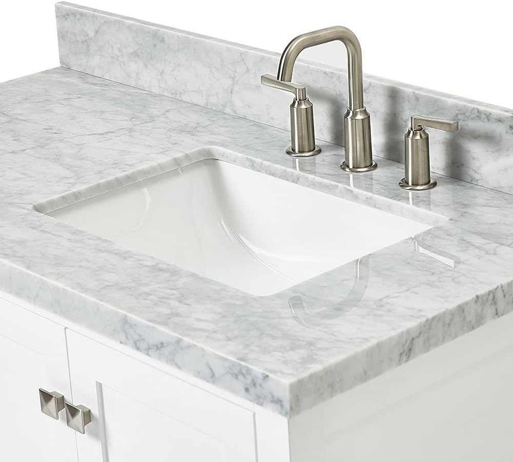 ARIEL Cambridge 42-inch Bathroom Vanity with Sink,Solid Wood, 1.5-inch Italian Carrara Marble Countertop, Single Rectangular Porcelain Sink, 2 Soft Closing Doors, 5 Dovetail Drawers, White