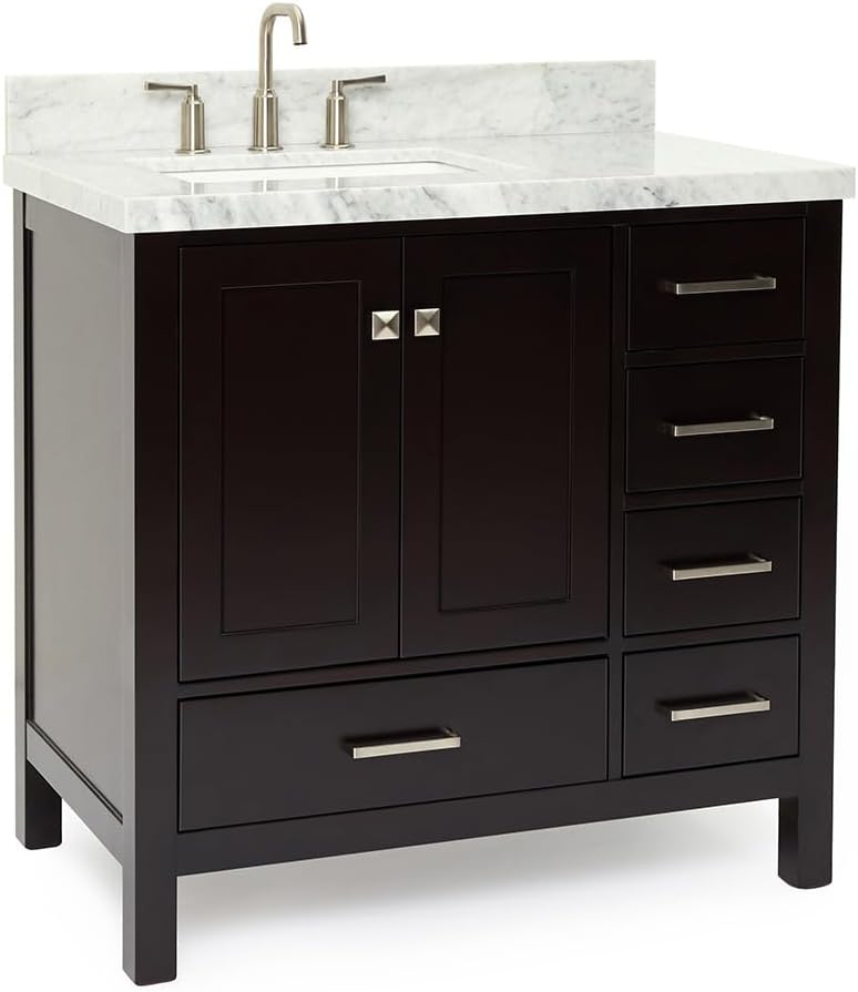 ARIEL Cambridge 36-inch Bathroom Vanity with Sink,Solid Wood, 1.5-inch Italian Carrara Marble Countertop, Single Rectangular Porcelain Sink, 2 Soft Closing Doors, 5 Dovetail Drawers, Espresso