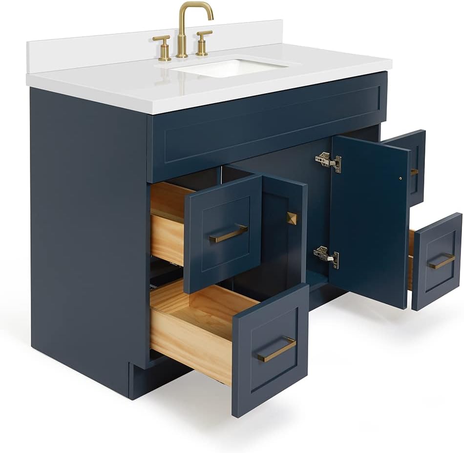 ARIEL Hamlet 48-inch Bathroom Vanity with Sink,Solid Wood, 1.5-inch Pure White Quartz Countertop, Single Rectangular Porcelain Sink, Soft Closing Doors, Dovetail Drawers, Midnight Blue