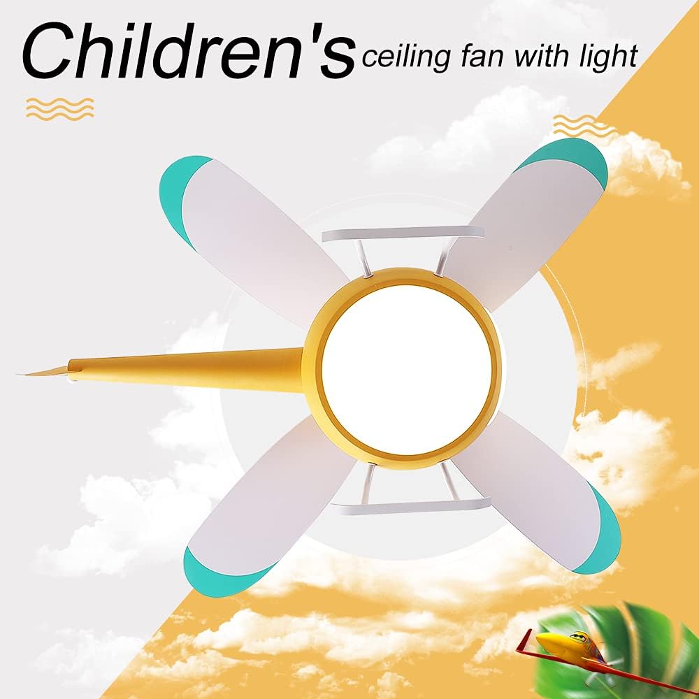 Children's Bedroom Ceiling Fan with lights,Remote control speed,Dimmable Kids Room Cartoon Ceiling Fan Lamp,Helicopter Model Teddy Bear Model Options Yellow