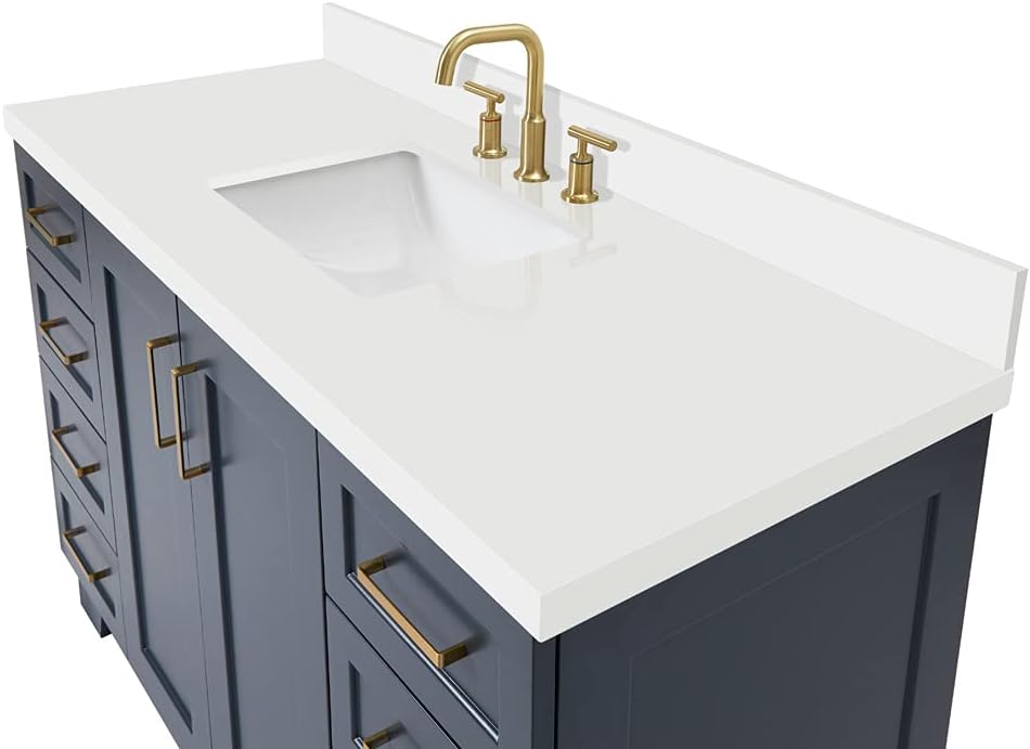 ARIEL Taylor 54-inch Bathroom Vanity with Sink,Solid Wood, 1.5-inch Pure White Quartz Countertop, Single Rectangular Porcelain Sink, 2 Soft Closing Doors, 9 Dovetail Drawers, Midnight Blue