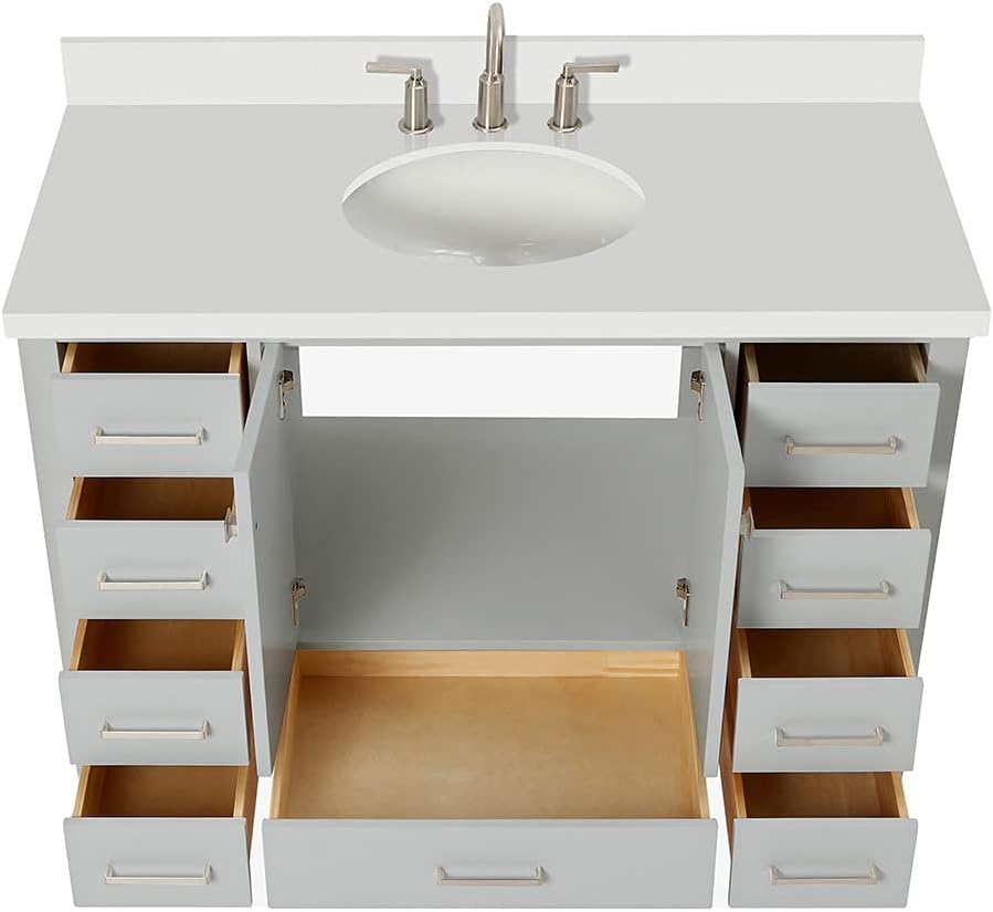 ARIEL Cambridge 48-inch Bathroom Vanity with Sink,Solid Wood, 1.5-inch Pure White Quartz Countertop & Backsplash, Single Oval Porcelain Sink, 2 Soft Closing Doors, 9 Dovetail Drawers, Grey