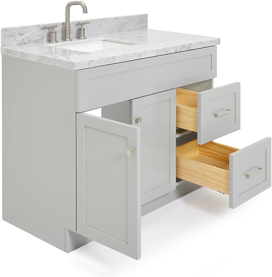 ARIEL 36-Inch Grey Bathroom Vanity with Sink, Solid Wood Base, 1.5-Inch Edge Italian Carrara Marble Top, Left Rectangular Sink, 2 Soft-Close Doors, 5 Drawers