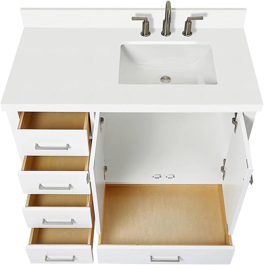ARIEL Cambridge 42-inch Bathroom Vanity with Sink,Solid Wood, 1.5-inch Pure White Quartz Countertop & Backsplash, Single Rectangular Porcelain Sink, 2 Soft Closing Doors, 5 Dovetail Drawers, White
