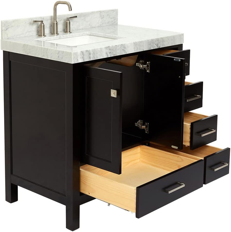 ARIEL Cambridge 36-inch Bathroom Vanity with Sink,Solid Wood, 2-inch Italian Carrara Marble Countertop, Single Rectangular Porcelain Sink, 2 Soft Closing Doors, 5 Dovetail Drawers, Espresso