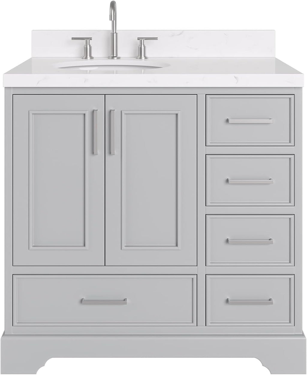 ARIEL Stafford 36-inch Bathroom Vanity with Sink,Solid Wood, 1.5-inch Carrara White Quartz Countertop & Backsplash, Single Oval Porcelain Sink, 2 Soft Closing Doors, 5 Dovetail Drawers, Grey