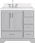 ARIEL Stafford 36-inch Bathroom Vanity with Sink,Solid Wood, 1.5-inch Carrara White Quartz Countertop & Backsplash, Single Oval Porcelain Sink, 2 Soft Closing Doors, 5 Dovetail Drawers, Grey
