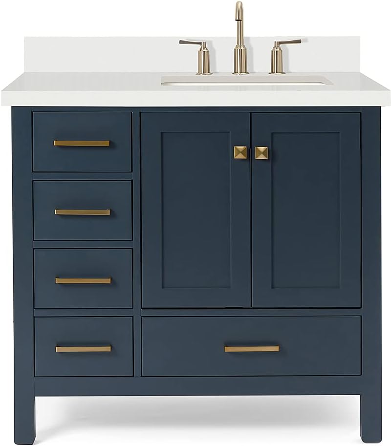 ARIEL Cambridge 36-inch Bathroom Vanity with Sink,Solid Wood, 1.5-inch Pure White Quartz Countertop, Single Rectangular Porcelain Sink, 2 Soft Closing Doors, 5 Dovetail Drawers, Midnight Blue