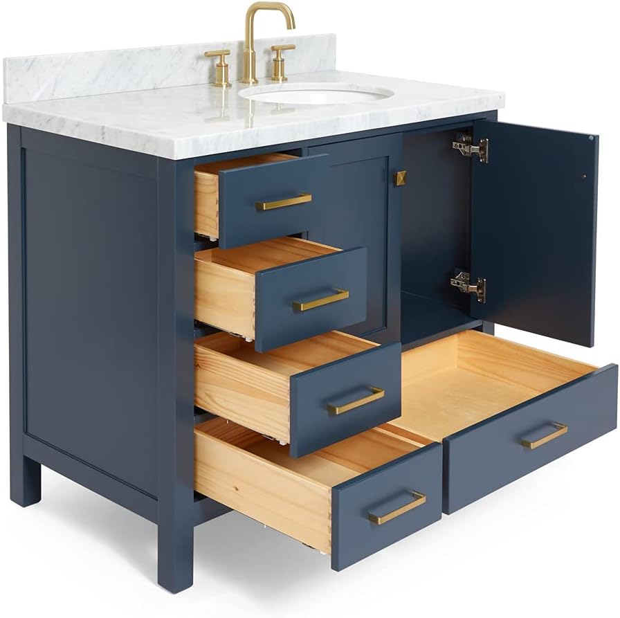 DKB Beckford 42-Inch Midnight Blue Bathroom Vanity with Single Right Oval Undermount Sink, 1.5-Inch Carrara Marble Countertop, 2 Soft-Closing Doors, 5 Dovetail Drawers, Solid Wood