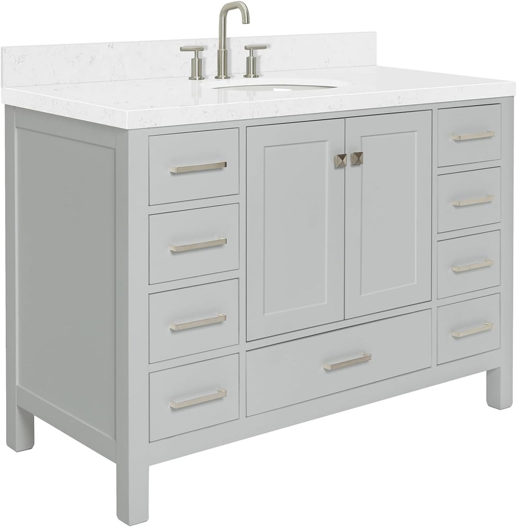 ARIEL Cambridge 48-inch Bathroom Vanity with Sink,Solid Wood, 1.5-inch Carrara White Quartz Countertop & Backsplash, Single Oval Porcelain Sink, 2 Soft Closing Doors, 9 Dovetail Drawers, Grey