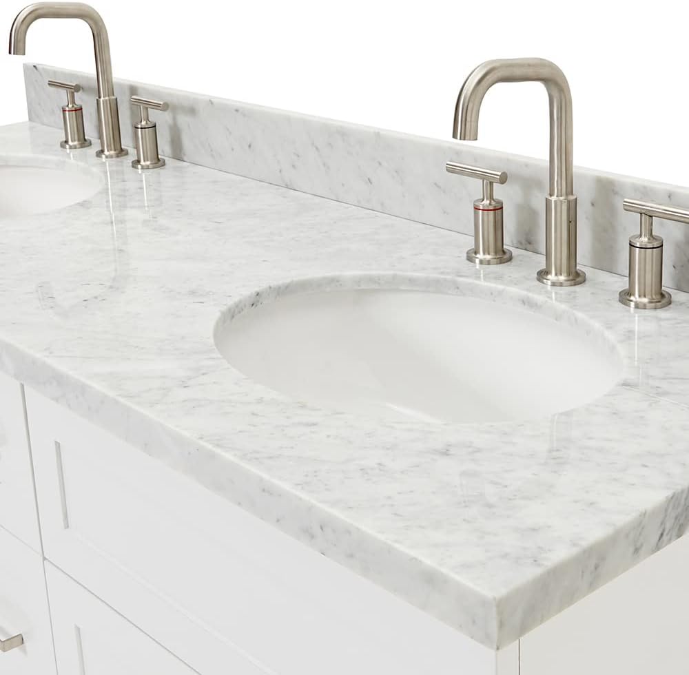 ARIEL Hamlet 60-inch Bathroom Vanity with Sink,Solid Wood, 1.5-inch Italian Carrara Marble Countertop & Backsplash, Double Oval Porcelain Sink, 4 Soft Closing Doors, 3 Dovetail Drawers, White