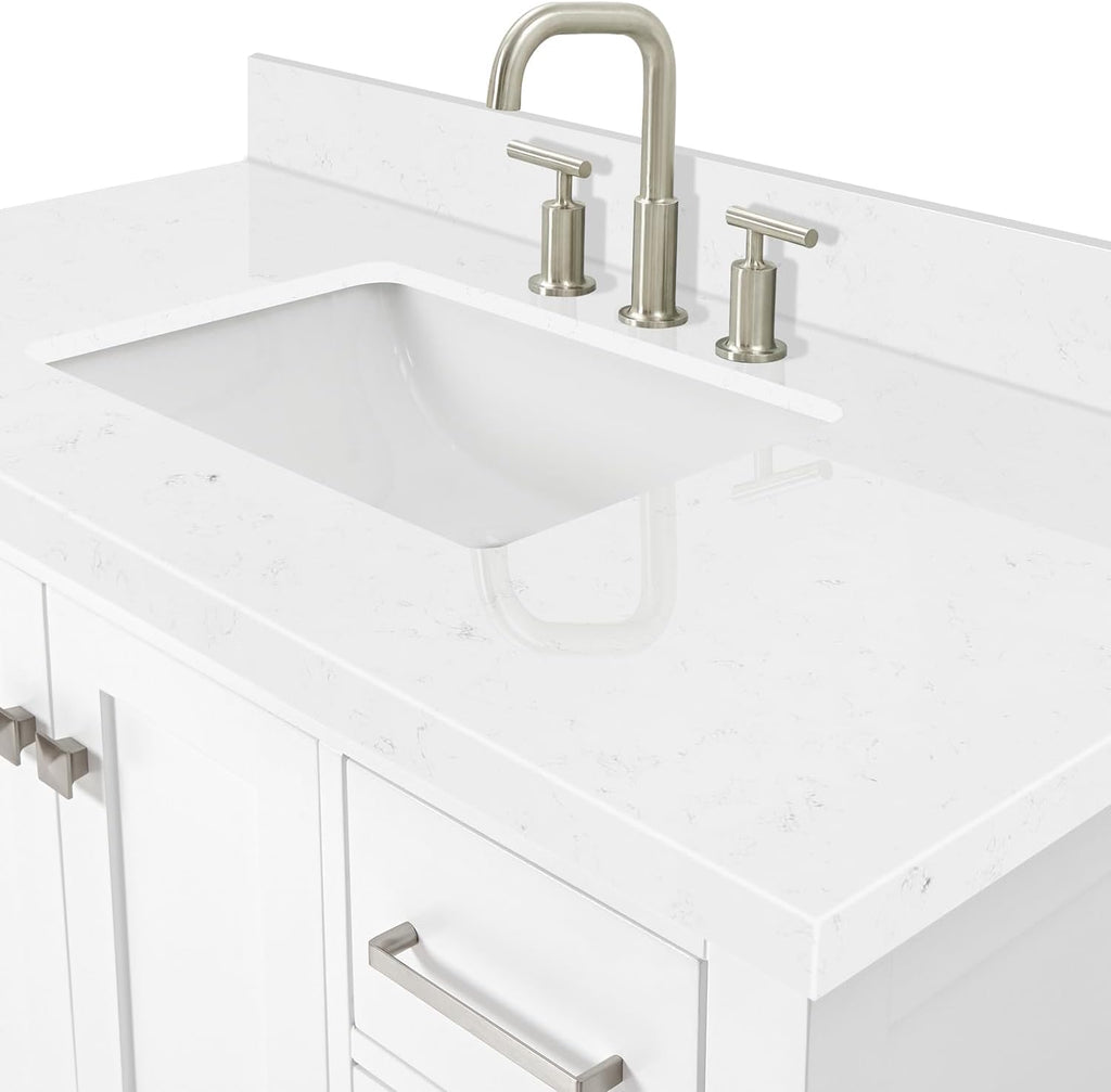 ARIEL Cambridge 42-inch Bathroom Vanity with Sink,Solid Wood, 1.5-inch Carrara White Quartz Countertop, Single Rectangular Porcelain Sink, 2 Soft Closing Doors, 9 Dovetail Drawers, White