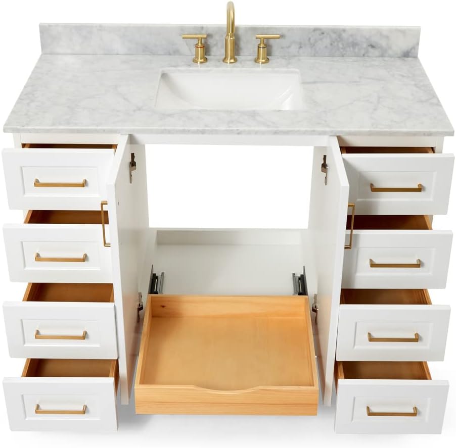 ARIEL Taylor 48-inch Bathroom Vanity with Sink,Solid Wood, 0.75-inch Italian Carrara Marble Countertop, Single Rectangular Porcelain Sink, 2 Soft Closing Doors, 9 Dovetail Drawers, White