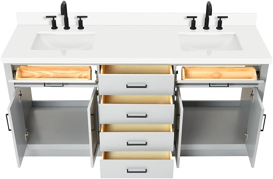 DKB Isabella 72 Inch Bathroom Vanity Double Sink — Grey Bathroom Vanity with Sink, 1.5' Edge Pure White Quartz Countertop, 4 Soft-Close Doors, 4 Dovetail Drawers, and 2 Tilt Drawers