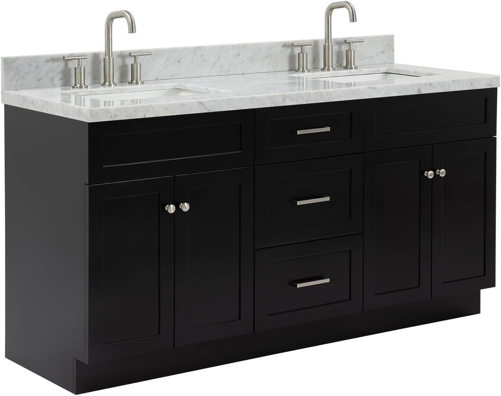 ARIEL Hamlet 66-inch Bathroom Vanity with Sink,Solid Wood, 1.5-inch Italian Carrara Marble Countertop, Double Rectangular Porcelain Sink, 4 Soft Closing Doors, 3 Dovetail Drawers, Black