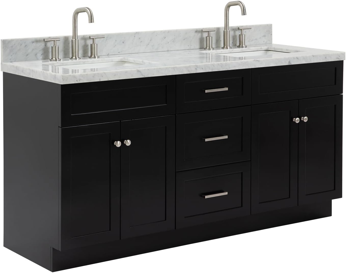 ARIEL Hamlet 66-inch Bathroom Vanity with Sink,Solid Wood, 1.5-inch Italian Carrara Marble Countertop, Double Rectangular Porcelain Sink, 4 Soft Closing Doors, 3 Dovetail Drawers, Black