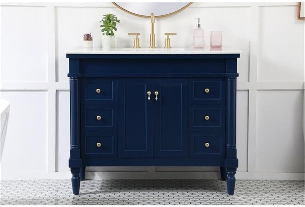 Pemberly Row Traditional 42' Solid Wood Bathroom Vanity, Blue Finish, Off White Marble Top, Porcelain Sink, 6 Soft Closing Drawers, Gold Hardware, Rectangle Design for Bathroom or Powder Room