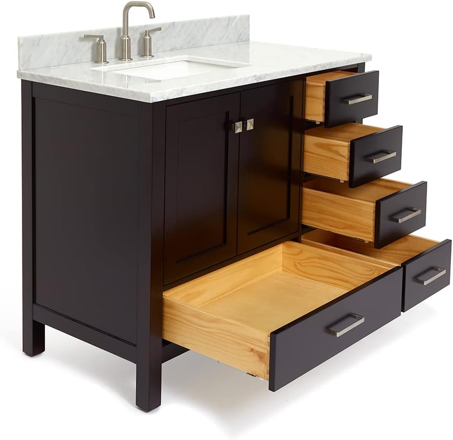 ARIEL Cambridge 43 in. Left Offset Rectangle Single Sink Vanity with Carrara White Marble Countertop in Espresso