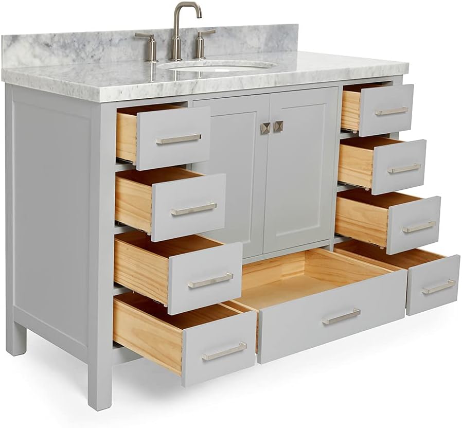 ARIEL Cambridge 48-inch Bathroom Vanity with Sink,Solid Wood, 1.5-inch Italian Carrara Marble Countertop & Backsplash, Single Oval Porcelain Sink, 2 Soft Closing Doors, 9 Dovetail Drawers, Grey
