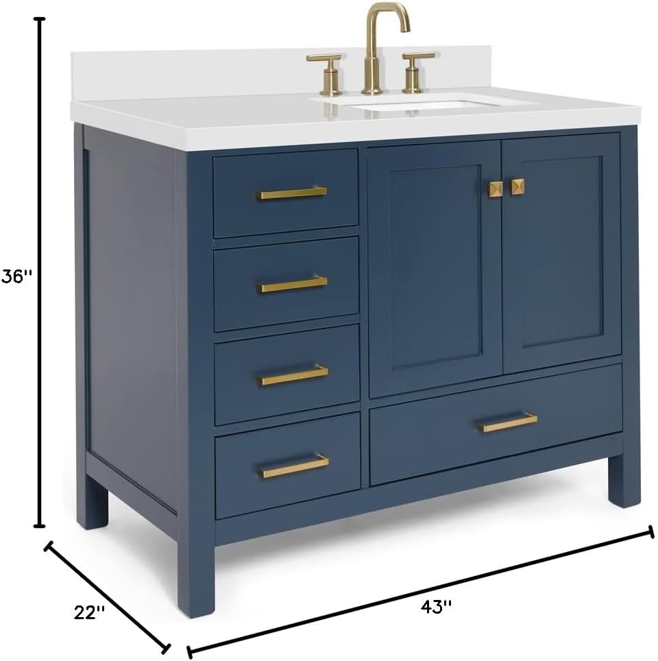 ARIEL Cambridge 42-inch Bathroom Vanity with Sink,Solid Wood, 1.5-inch Pure White Quartz Countertop, Single Rectangular Porcelain Sink, 2 Soft Closing Doors, 5 Dovetail Drawers, Midnight Blue