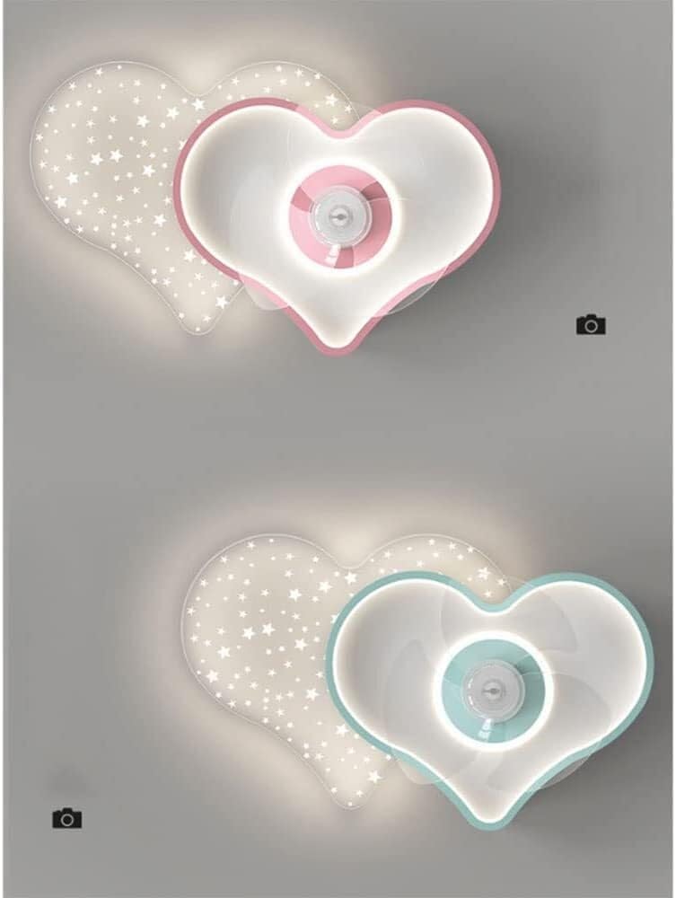 PAYAER Cute Pink Heart Ceiling Fan with Light, Modern LED Dimmable Flush Mount Chandelier for Girl's Bedroom, Kid's Room, Study, Nursery Decor, 59x37cm