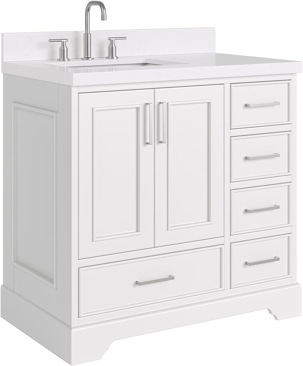 ARIEL Stafford 36-inch Bathroom Vanity with Sink,Solid Wood, 1.5-inch Carrara White Quartz Countertop, Single Rectangular Porcelain Sink, 2 Soft Closing Doors, 5 Dovetail Drawers, White